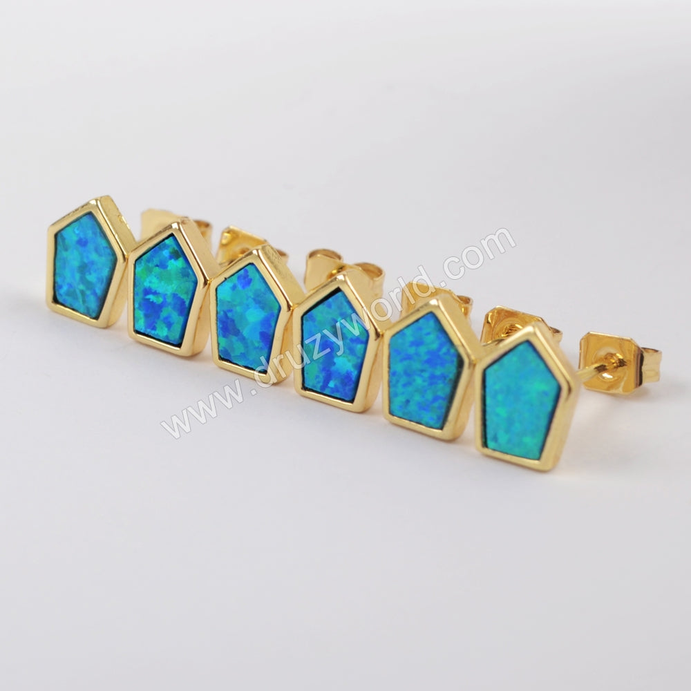 Shield Gold Plated Bezel Blue Opal Stud Earrings ZG0228
