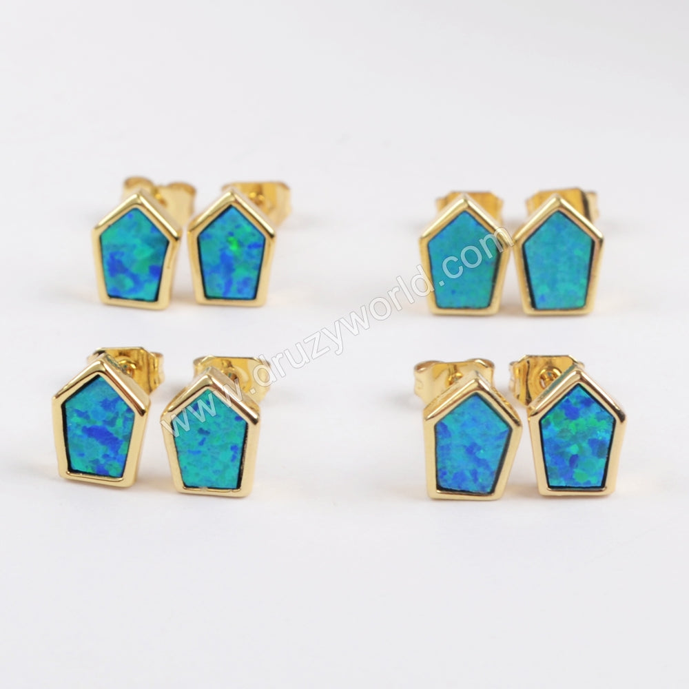 Shield Gold Plated Bezel Blue Opal Stud Earrings ZG0228