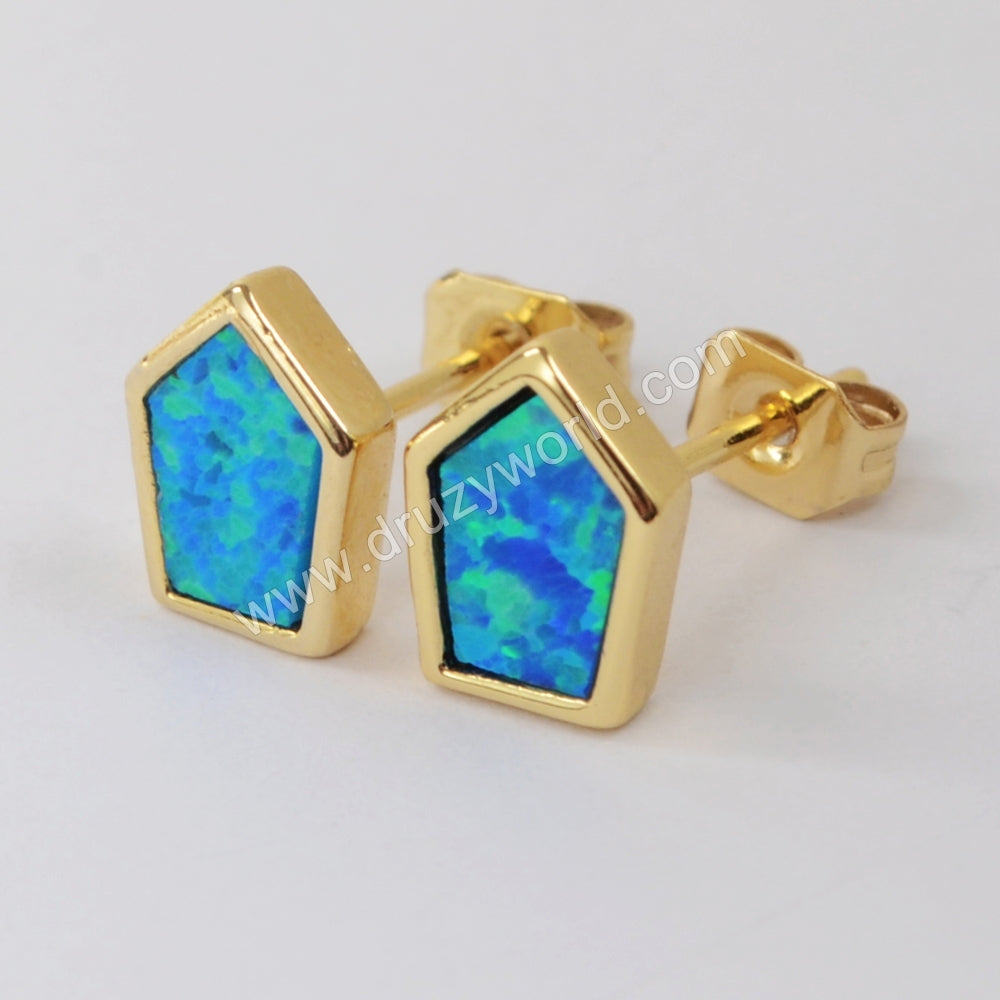 Shield Gold Plated Bezel Blue Opal Stud Earrings ZG0228