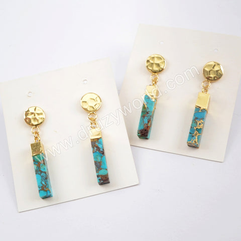 18K Gold Plated Copper Turquoise Cuboid Bar With Gold Coin Stud Earrings G1630