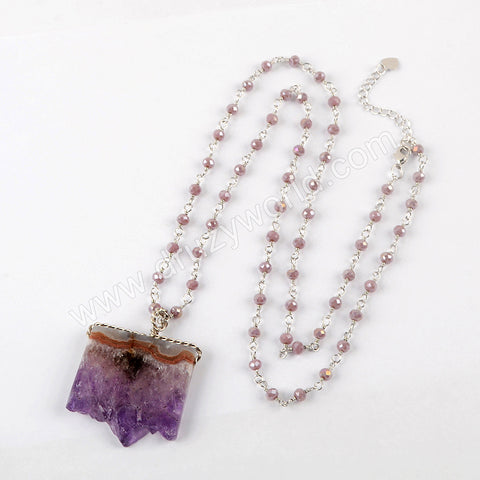 Silver Druzy Agate Slice Amethyst Beaded Chain Necklace HD0237