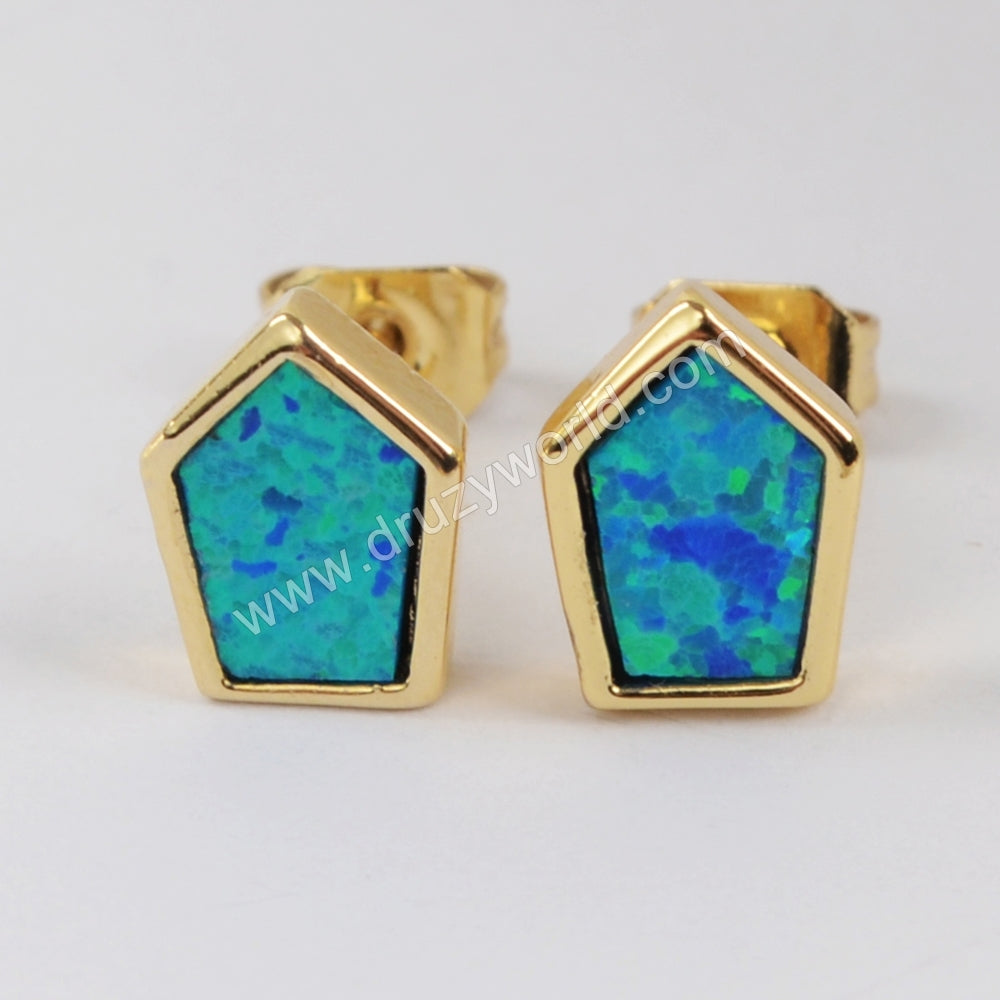 Shield Gold Plated Bezel Blue Opal Stud Earrings ZG0228