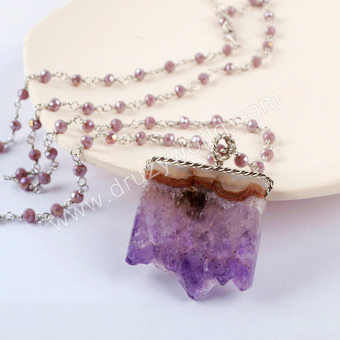 Silver Druzy Agate Slice Amethyst Beaded Chain Necklace HD0237
