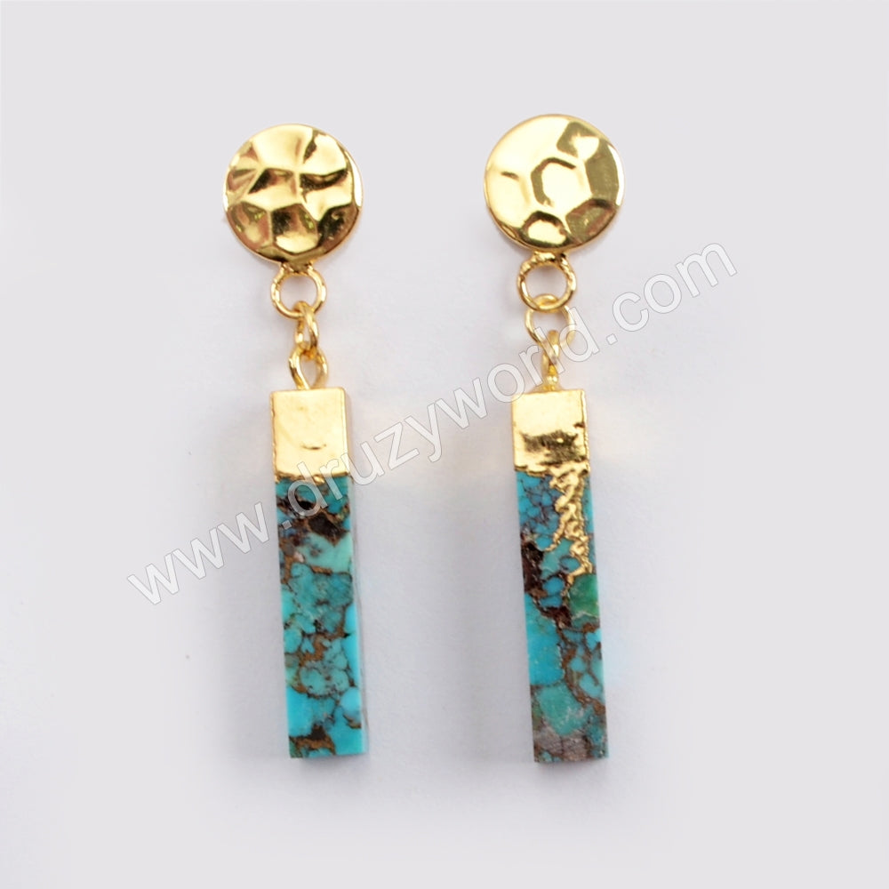 18K Gold Plated Copper Turquoise Cuboid Bar With Gold Coin Stud Earrings G1630