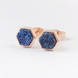 Hexagon Rose Gold Plated Bezel Rainbow Titanium Druzy Studs Earring ZR0275