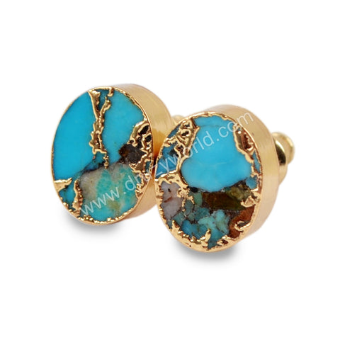 Oval Copper Turquoise Stud Earrings Gold Plated G1546