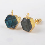 Hexagon Natural Labradorite Stud Earrings Gold Plated Loop, For Dangle Jewelry Earring Making G1488