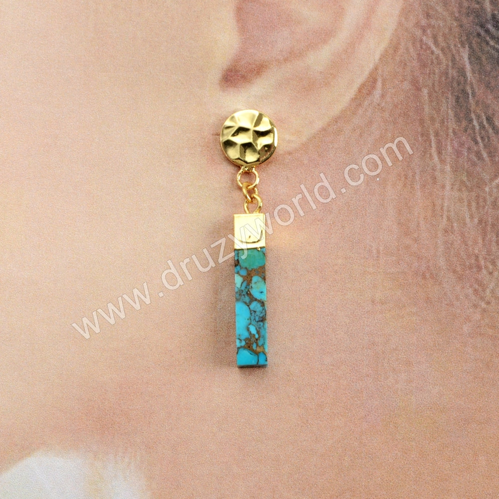 18K Gold Plated Copper Turquoise Cuboid Bar With Gold Coin Stud Earrings G1630