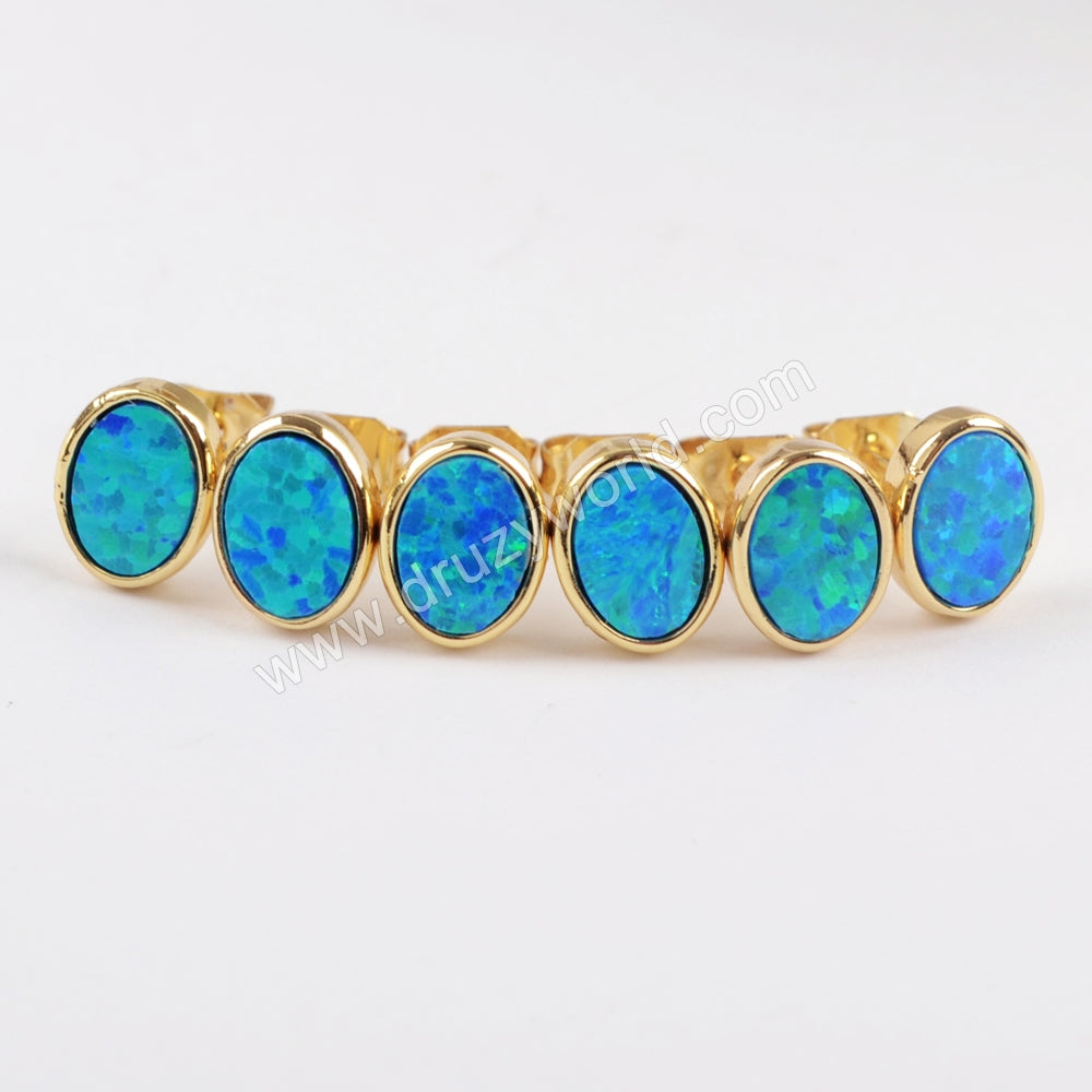 Oval Gold Plated Bezel Blue Opal Stud Earrings ZG0229