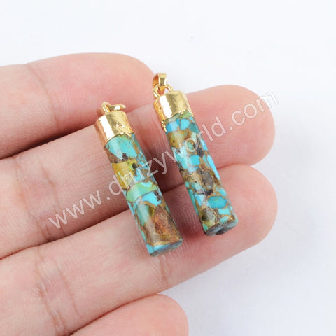 Gold Plated Copper Turquoise Cylinder Pendant Bar Gemstone Pendant G1688