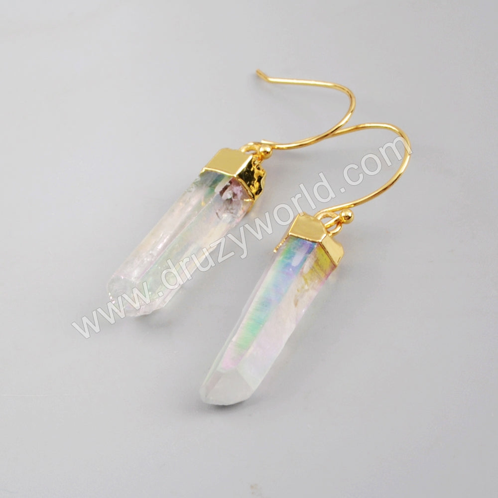 Angel Aura Quartz Titanium Healing Crystal Point Earrings Gold Plated G1606