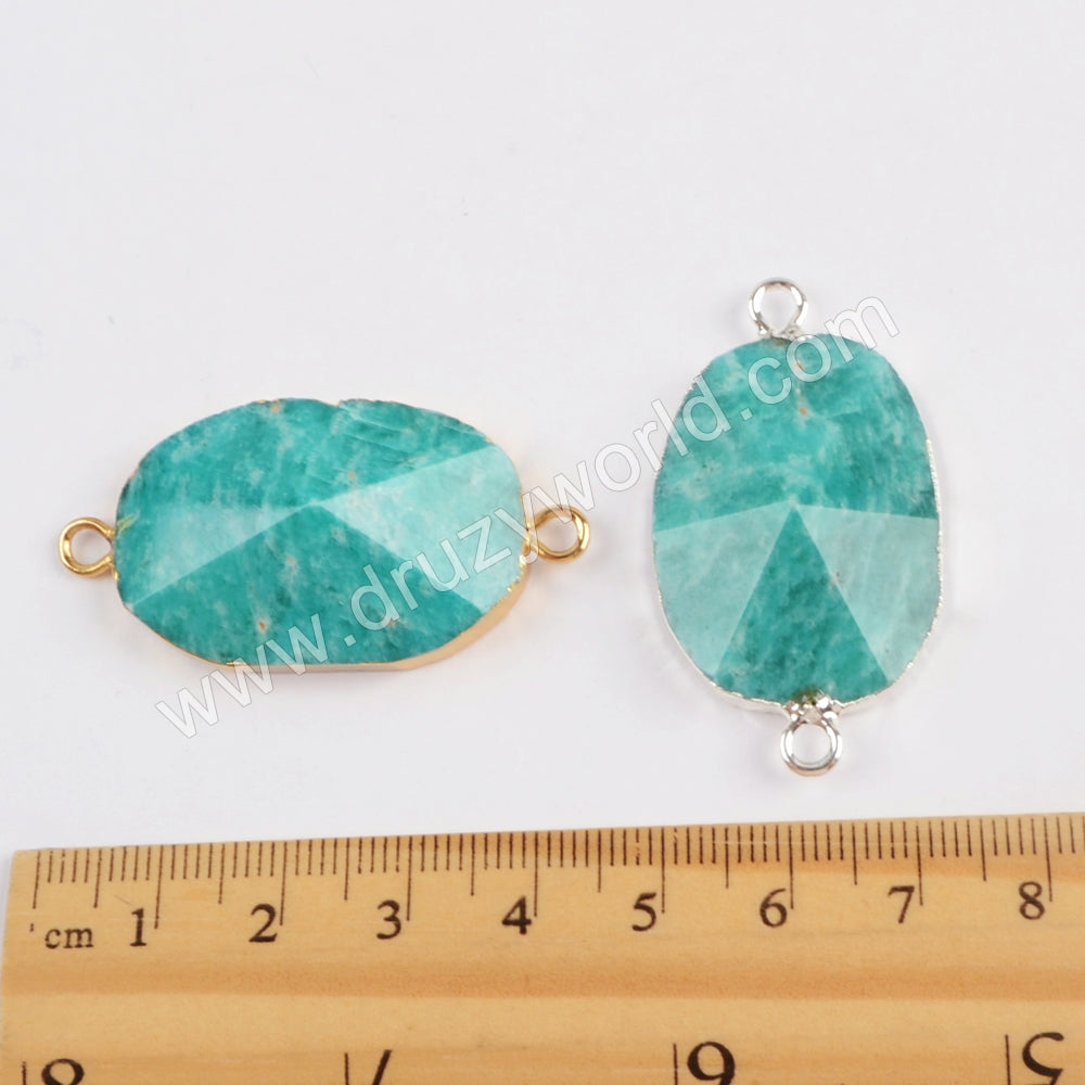 Green Amazonite Faceted Connector For Jewelry Making Silver Plated S1811