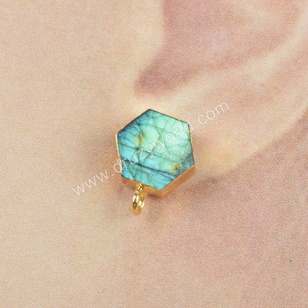 Hexagon Natural Labradorite Stud Earrings Gold Plated Loop, For Dangle Jewelry Earring Making G1488