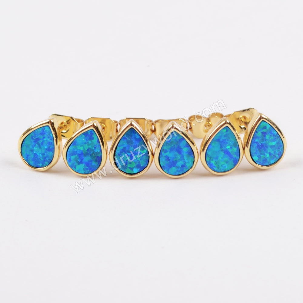 Teardrop Gold Plated Bezel Blue Opal Stud Earrings ZG0230