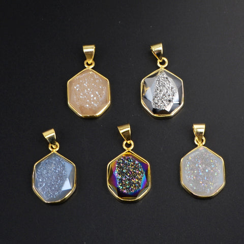 Rainbow Plated and Sivler Plated Polygon Facted Druzy Gold Edge Pendant WX056