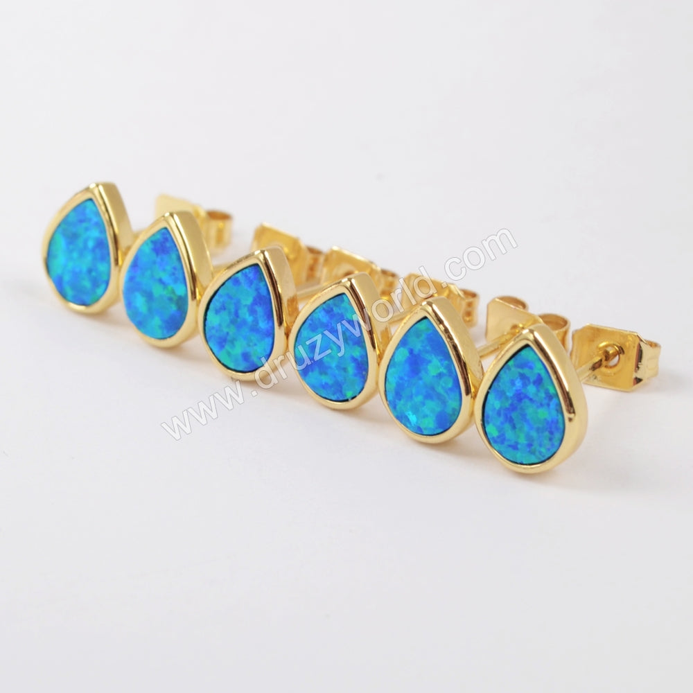 Teardrop Gold Plated Bezel Blue Opal Stud Earrings ZG0230