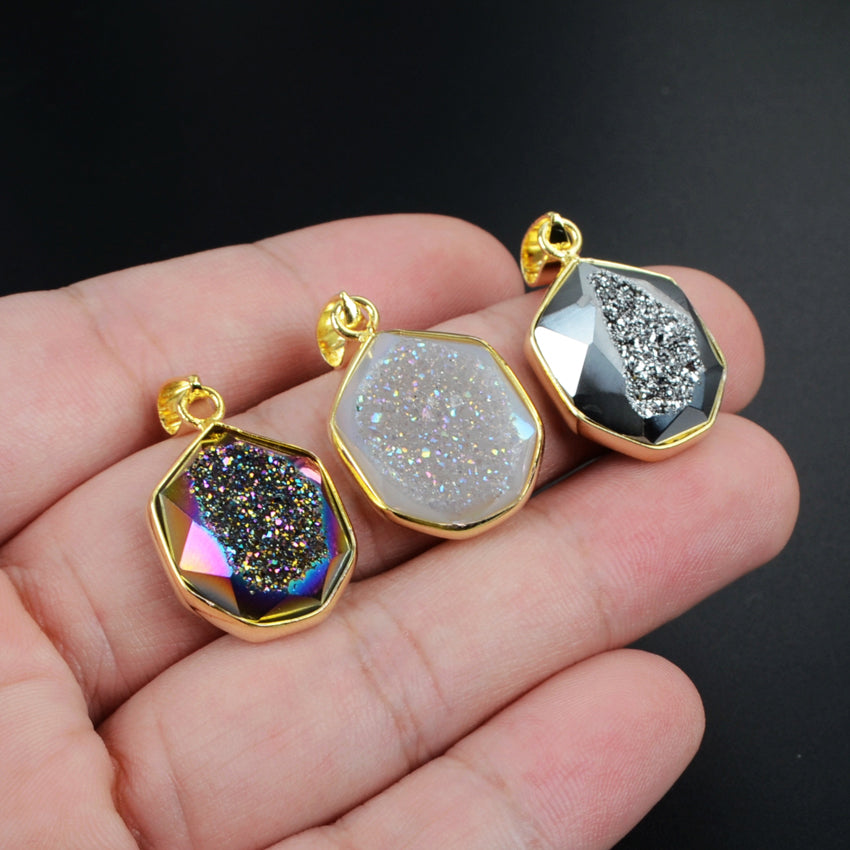 Rainbow Plated and Sivler Plated Polygon Facted Druzy Gold Edge Pendant WX056