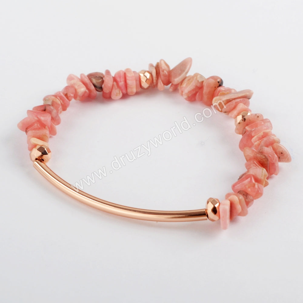Gold / Silver / Rose Gold Tube Bar With Multi-kind Crystal Stone Chips Bracelet G1578 healing Crystal Chip Bracelet Gemstone Beaded Bracelet