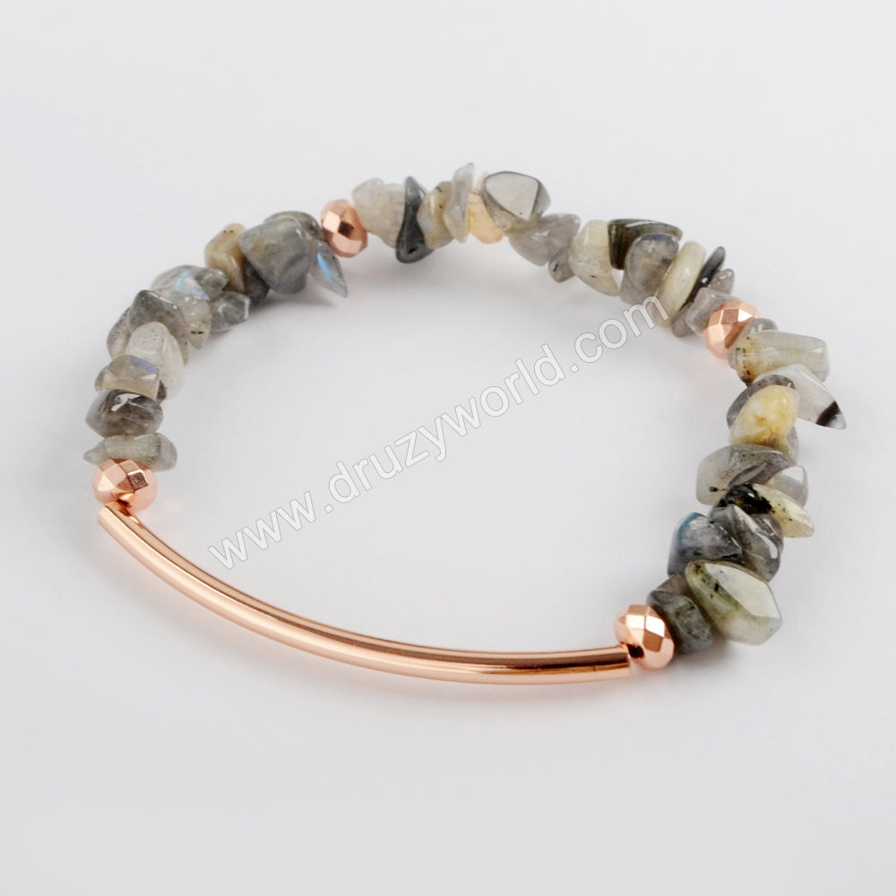 Gold / Silver / Rose Gold Tube Bar With Multi-kind Crystal Stone Chips Bracelet G1578 healing Crystal Chip Bracelet Gemstone Beaded Bracelet