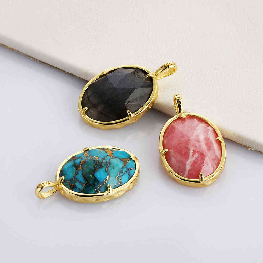 Oval Gold Plated Claw Bezel Gemstone Charm Faceted Crystal Stone Charm Pendant For Jewelry Making ZG0478