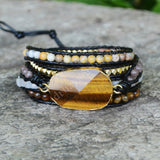 Strands Gold Tiger Eyes Gemstone Bead Black Wrap Bracelet HD0081