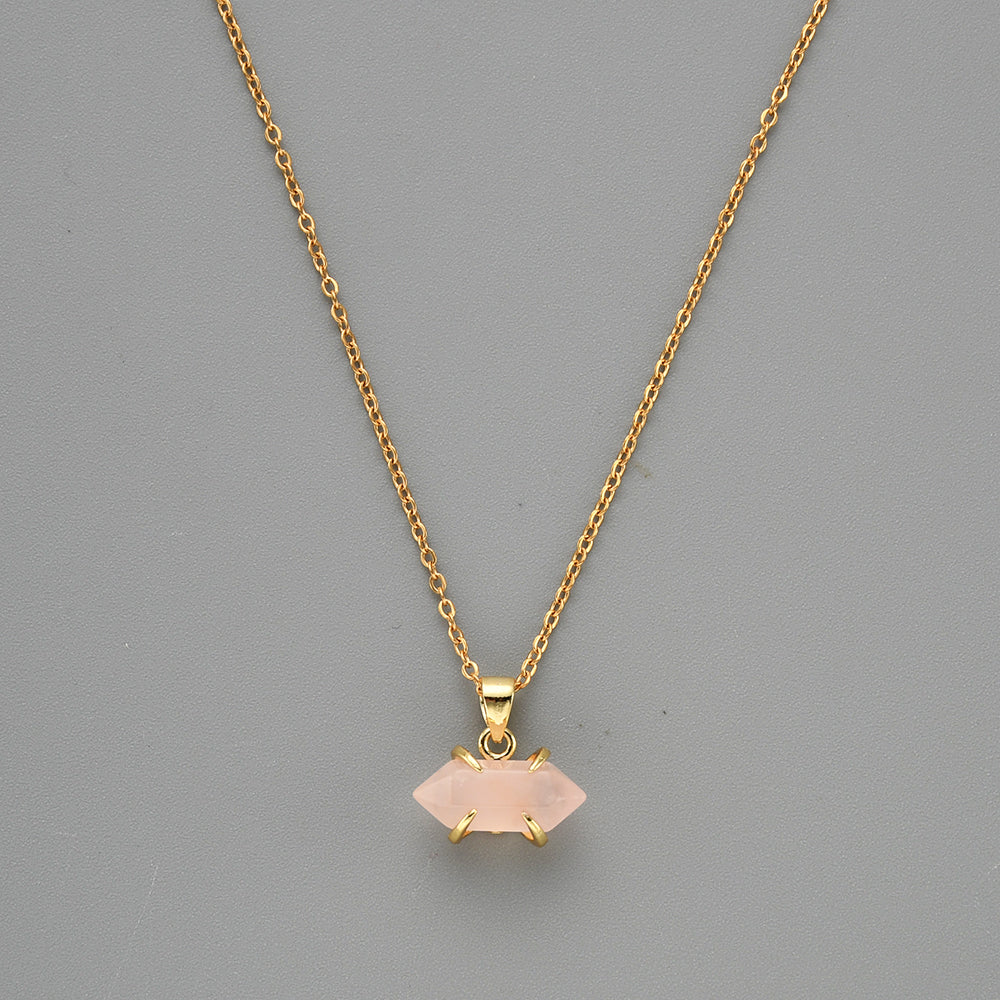 16" Tiny Gold Plated Claw Rainbow Natural Gemstone Necklace, Terminated Point, Faceted Healing Crystal Stone Necklace, Birthstone Jewelry ZG0480-N rose quartz necklace