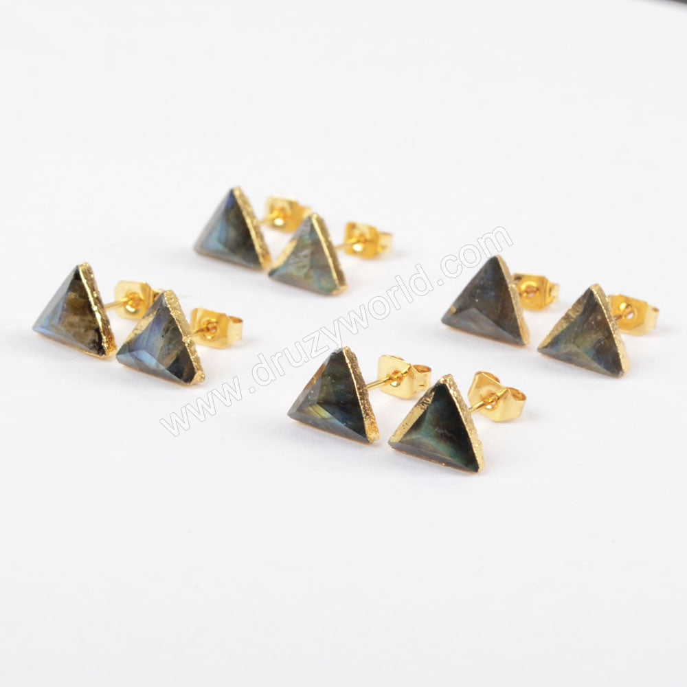 Natrual Labradorite Earrings Gold Plated Triangle Shape Labradorite Crystal Stone Studs Jewelry Gift For Women G1300