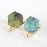 Hexagon Natural Labradorite Stud Earrings Gold Plated Loop, For Dangle Jewelry Earring Making G1488