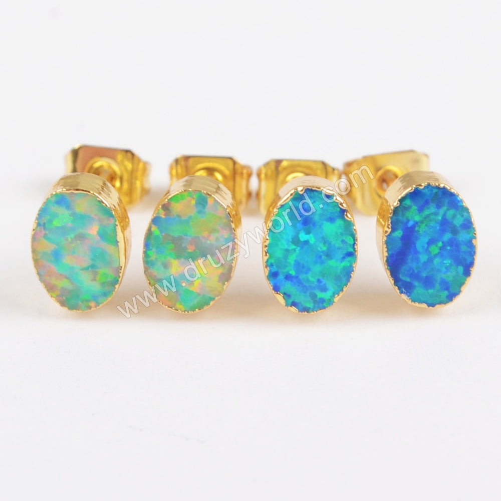 Oval Shape White Opal Studs Earring Gold Plated, Boho Jewelry Earring G1420