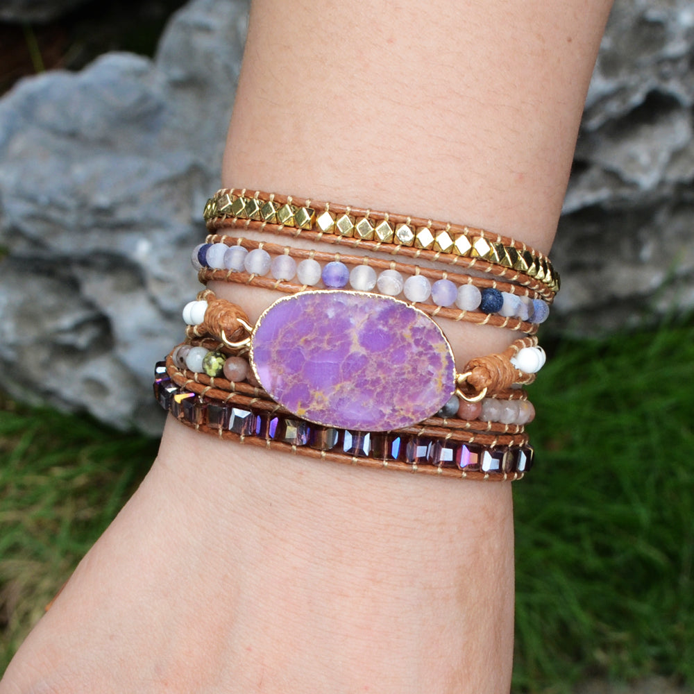 5 Layers Leather Purple Sea Sediment Jasper Rainbow Beads Bracelet Jewelry HD0041