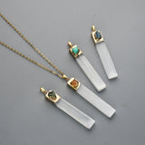 Gold Plated Natural Selenite Bar Pendant/Necklace, Pave Raw Gemstone Chips, Healing Crystal Boho Jewelry G2090