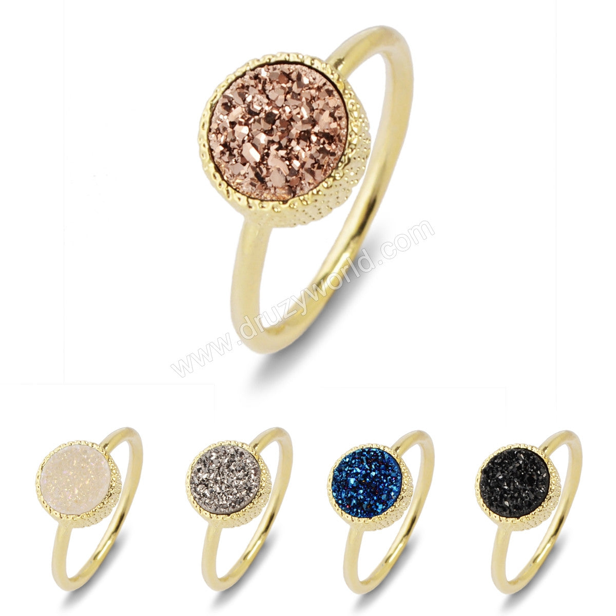Gold Plated Bezel Round Natural Agate Titanium Druzy Ring, Gemstone Ring Jewelry ZG059