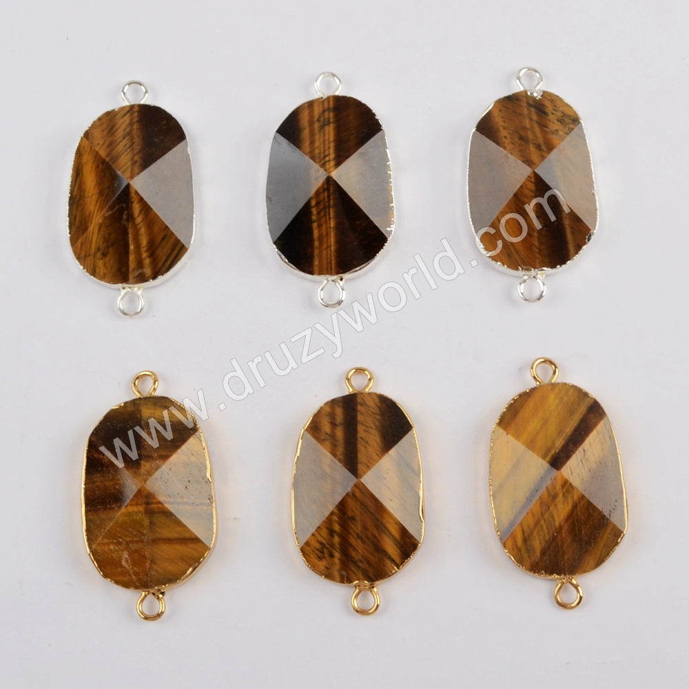 Tiger Eye Faceted Connector Jewelry Making Silver Plated S1814