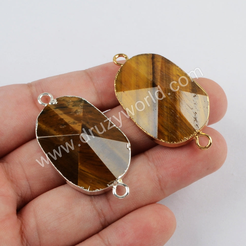 Tiger Eye Faceted Connector Jewelry Making Silver Plated S1814