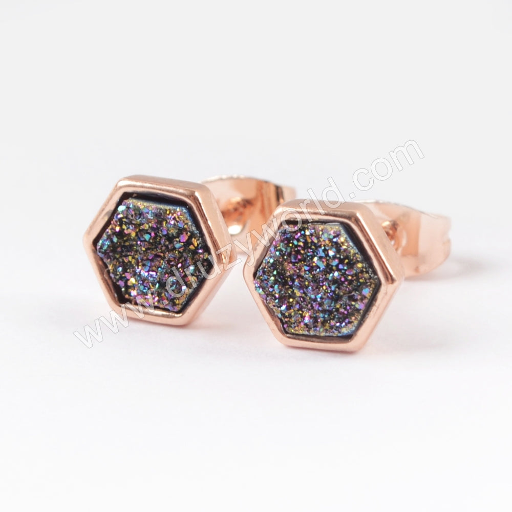 Hexagon Rose Gold Plated Bezel Rainbow Titanium Druzy Studs Earring ZR0275