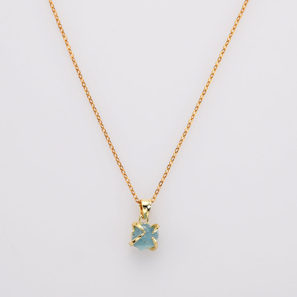 16" Gold Plated Claw Tiny Rainbow Natural Gemstone Necklace, Raw Healing Crystal Stone Pendant Necklace, Birthstone Necklace Jewelry ZG0479-N Aquamarine Necklace
