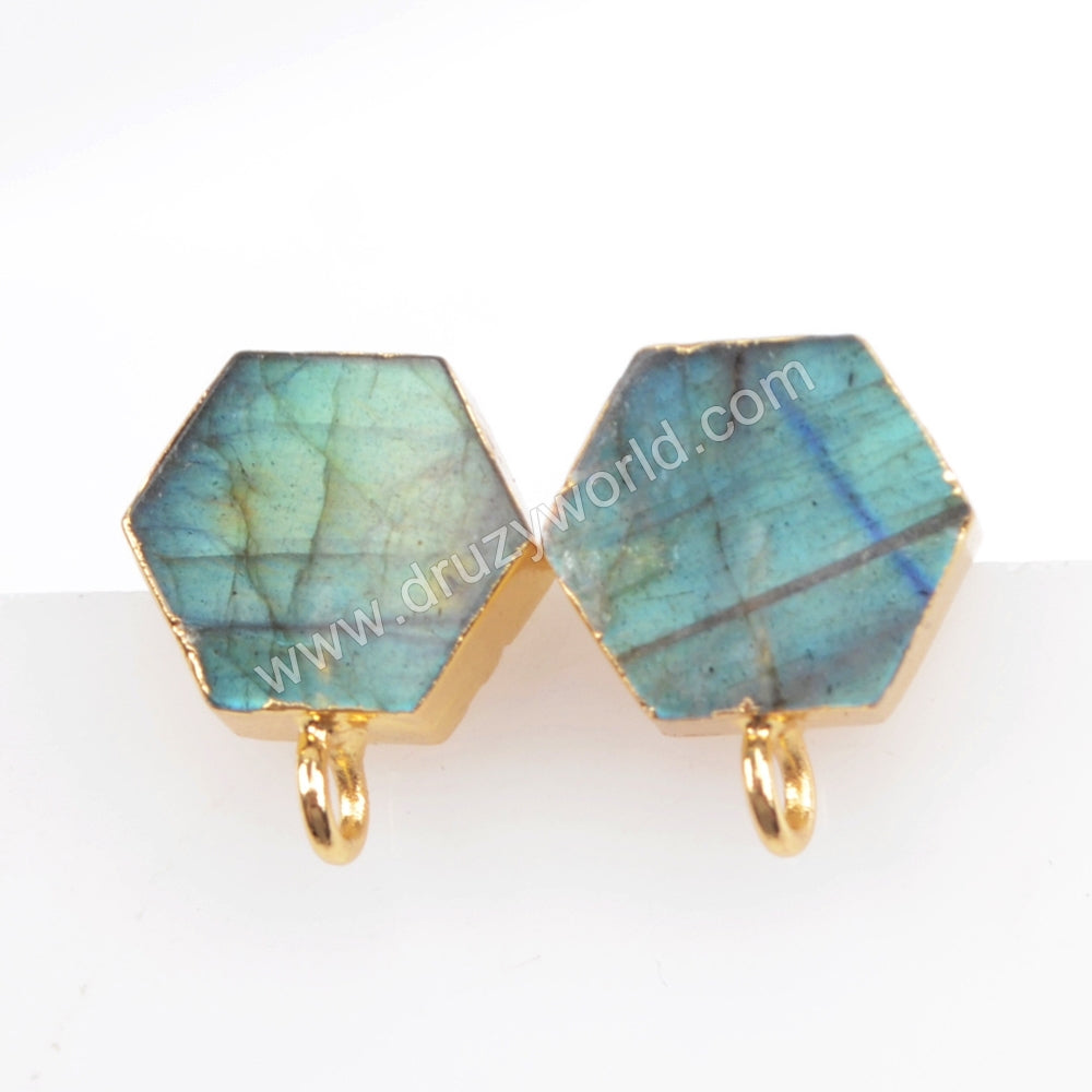 Wholesale Gold Plated Hexagon Natural Labradorite Stud Earrings With Loop, For Jewelry Making G1488
