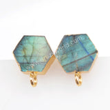 Hexagon Natural Labradorite Stud Earrings Gold Plated Loop, For Dangle Jewelry Earring Making G1488