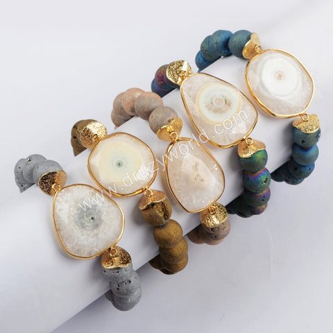 Gold Plated White Solar Quartz Faceted Bracelet Titanium Druzy Stone Beads G1431