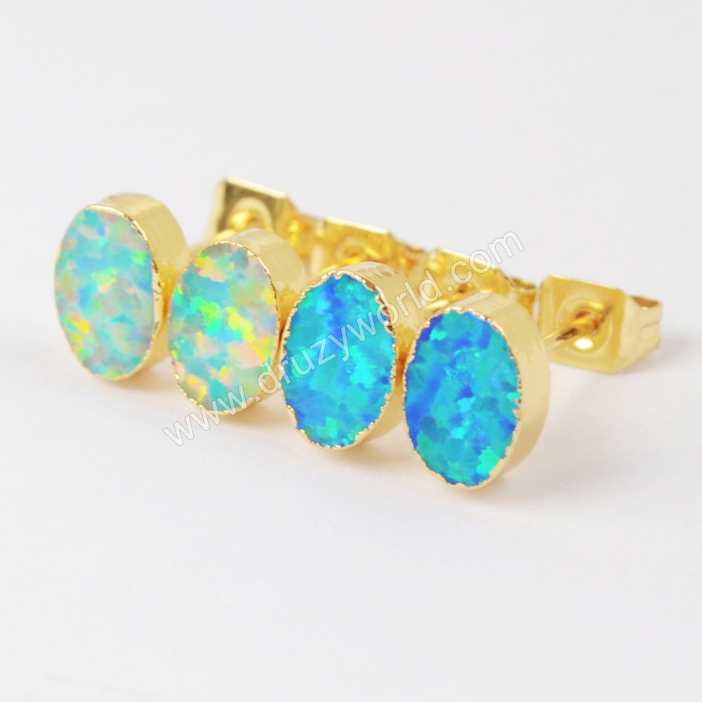 Oval Shape White Opal Studs Earring Gold Plated, Boho Jewelry Earring G1420