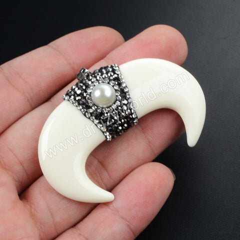 Resin Bone Crescent Doube Horn Pendant With Rhinestone Pearl Pave JAB362