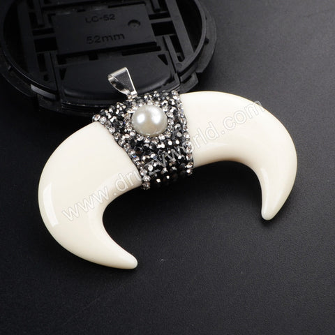 Resin Bone Crescent Doube Horn Pendant With Rhinestone Pearl Pave JAB362