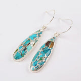 Silver Plated Long Drop Natural Copper Turquoise Dangle Earrings S1547-E