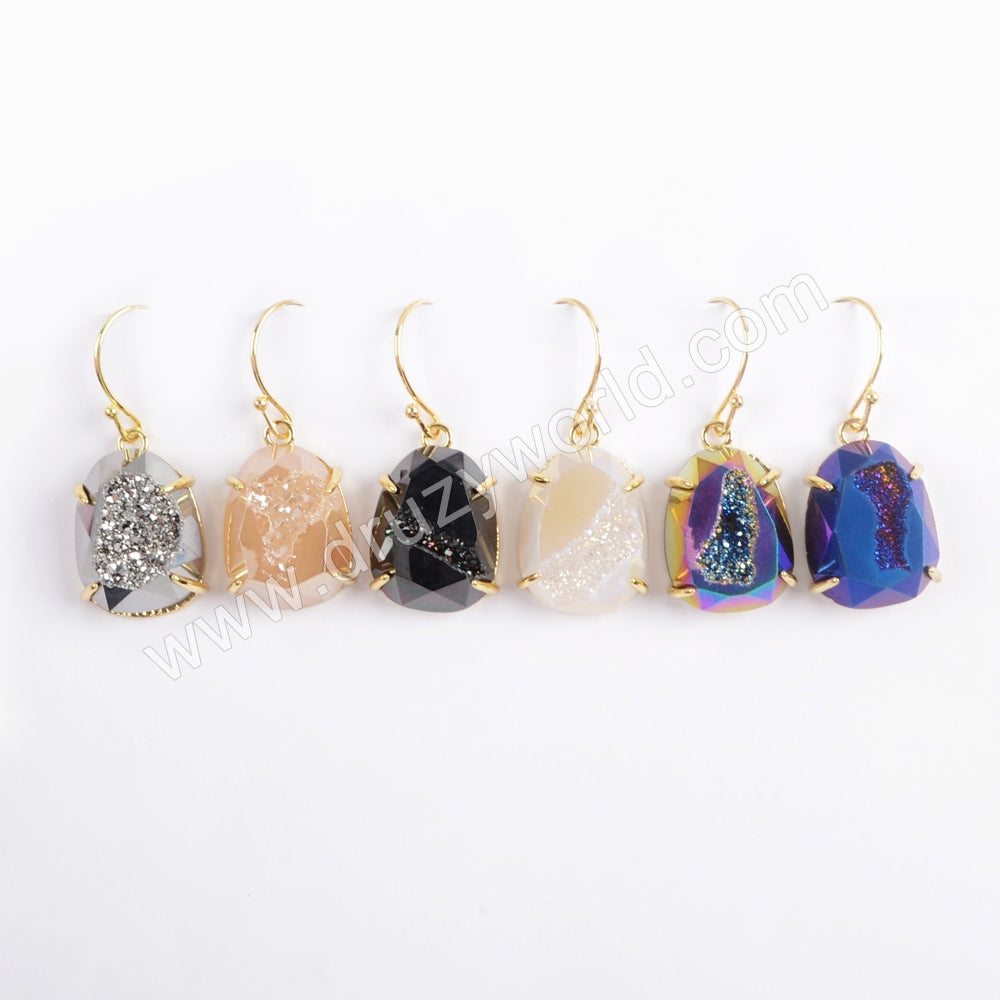 Gold Plated Claw Rainibow Titanium Druzy Geode Faceted Dangle Earrings ZG0371-E