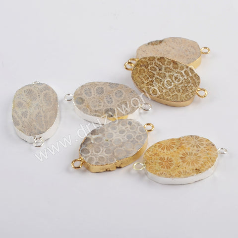 Chrysanthemum Fossil Stone Faceted Connector Silver Plated S1816