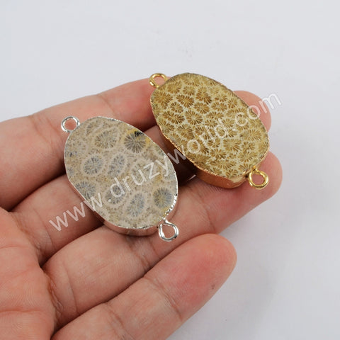 Chrysanthemum Fossil Stone Faceted Connector Silver Plated S1816