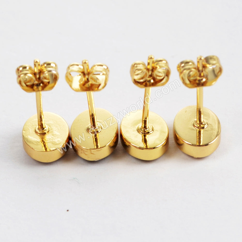 Oval Gold Plated Bezel Rainbow Titanium Natural Agate Druzy Studs Earring ZG0278