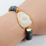 Gold Plated White Solar Quartz Faceted Bracelet Titanium Druzy Stone Beads G1431