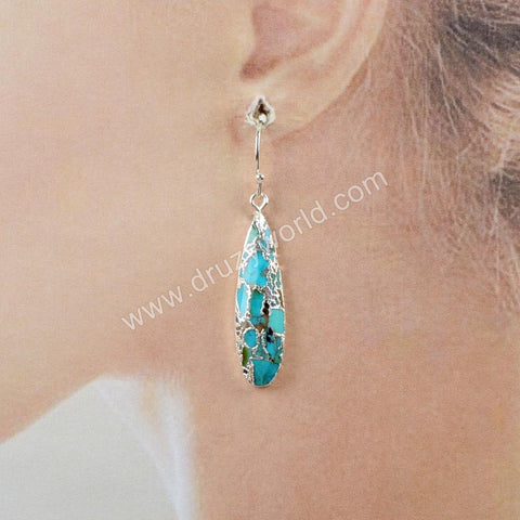 Silver Plated Long Drop Natural Copper Turquoise Dangle Earrings S1547-E