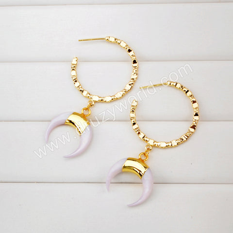 White Shell Crescent Moon Hoop Earrings For Women Gold Plated HD0185